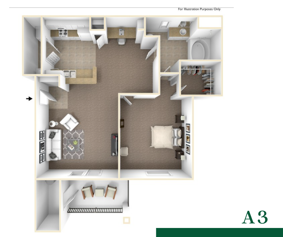 Floor plan for 1 bed, 1 bath, 767 sqft